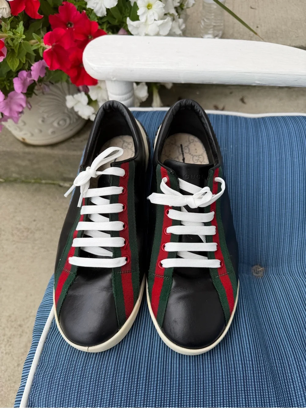 Black Leather Low-Top Sneakers with Red & Green Stripe